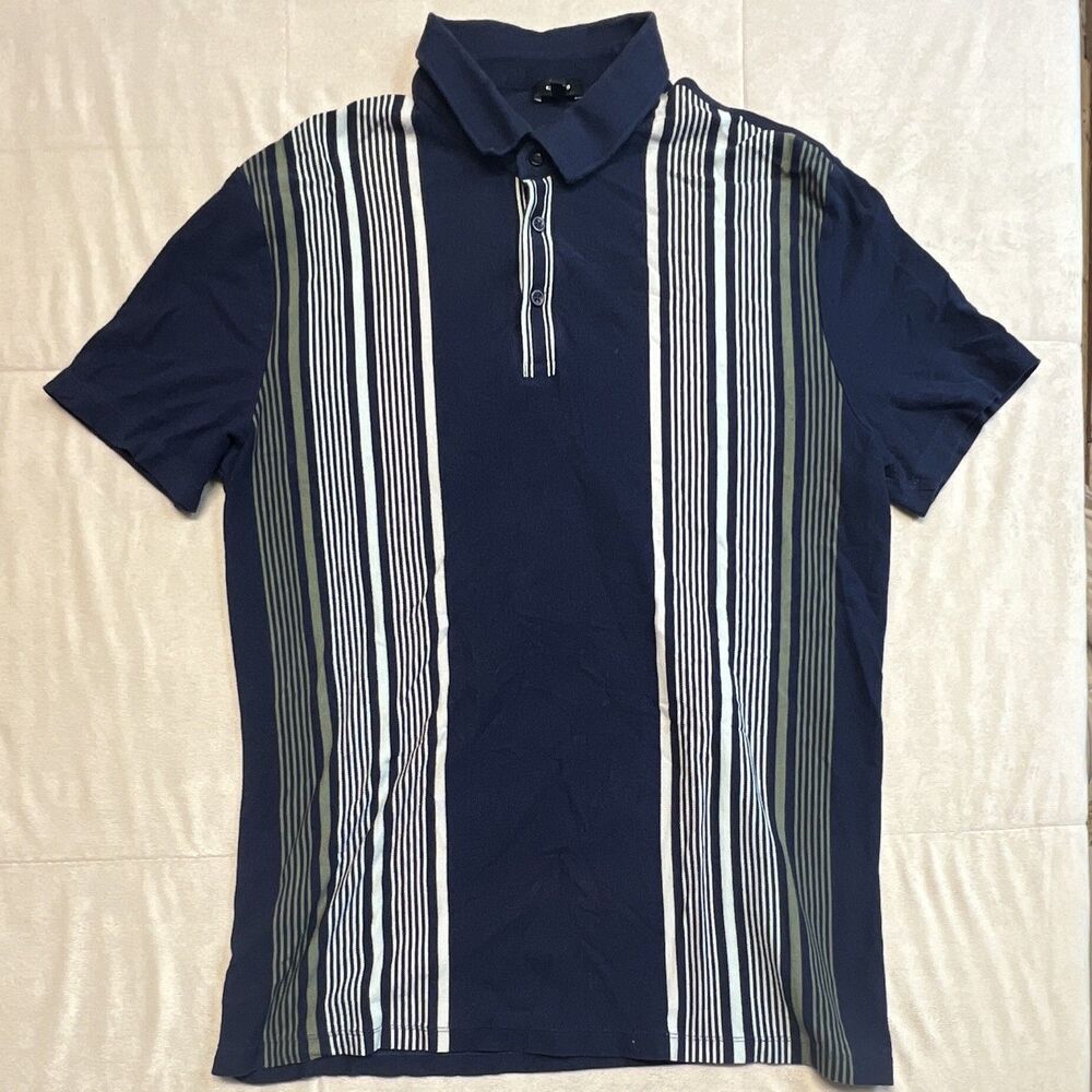 Express Men’s Polo Shirt L Blue Striped Short Sleeve Stretch Collared